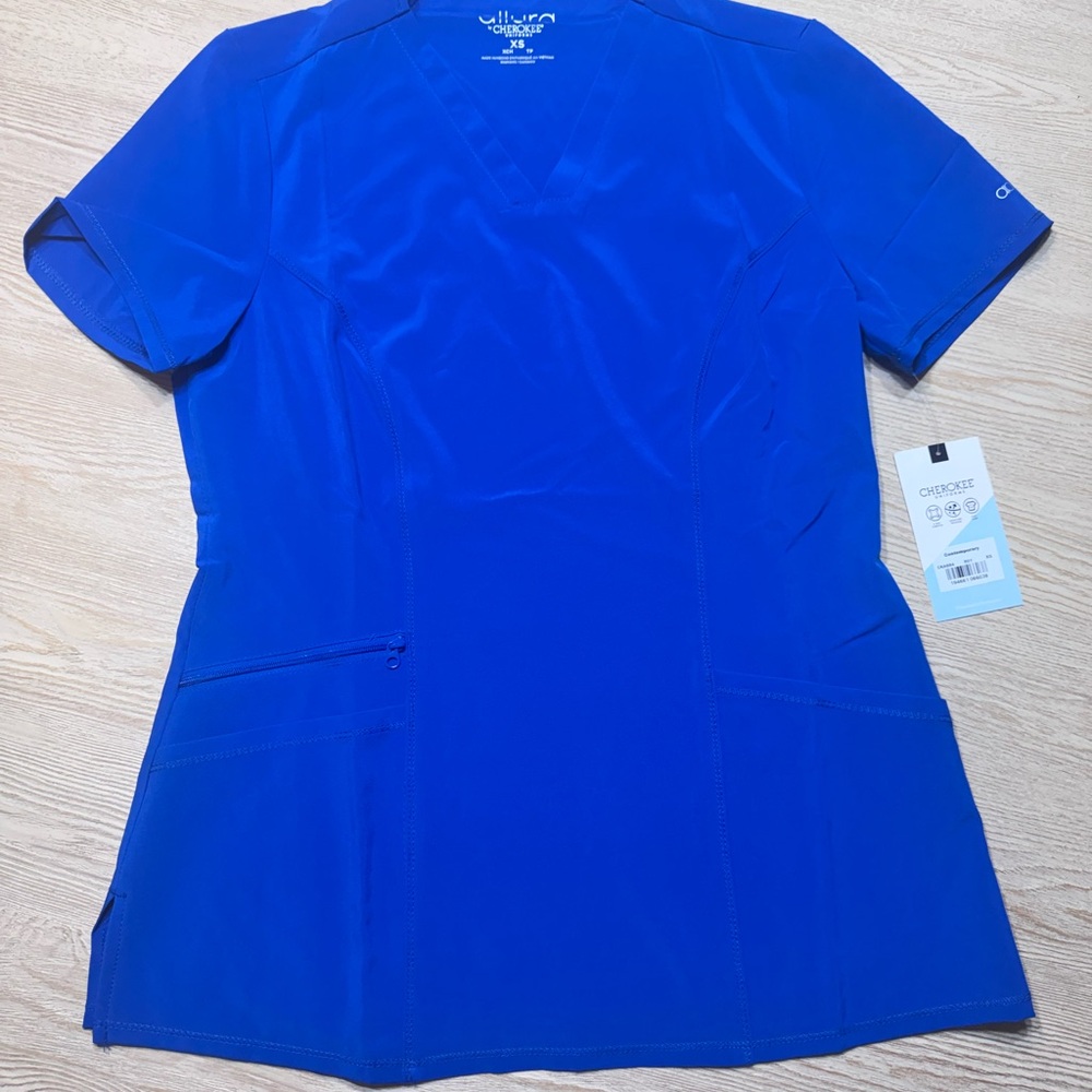 Cherokee Allura Royal Blue Scrub Top XS NWT Stretch V-Neck Medical